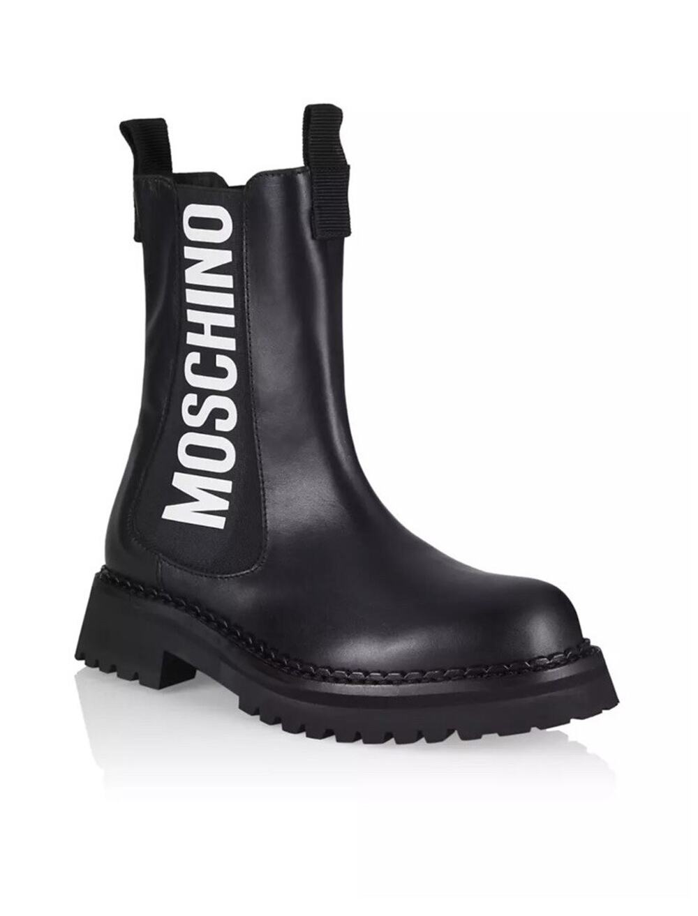 NIB Moschino Oversized Logo Black Leather Lug-Sole Boots Size 37EU/7US $665.00